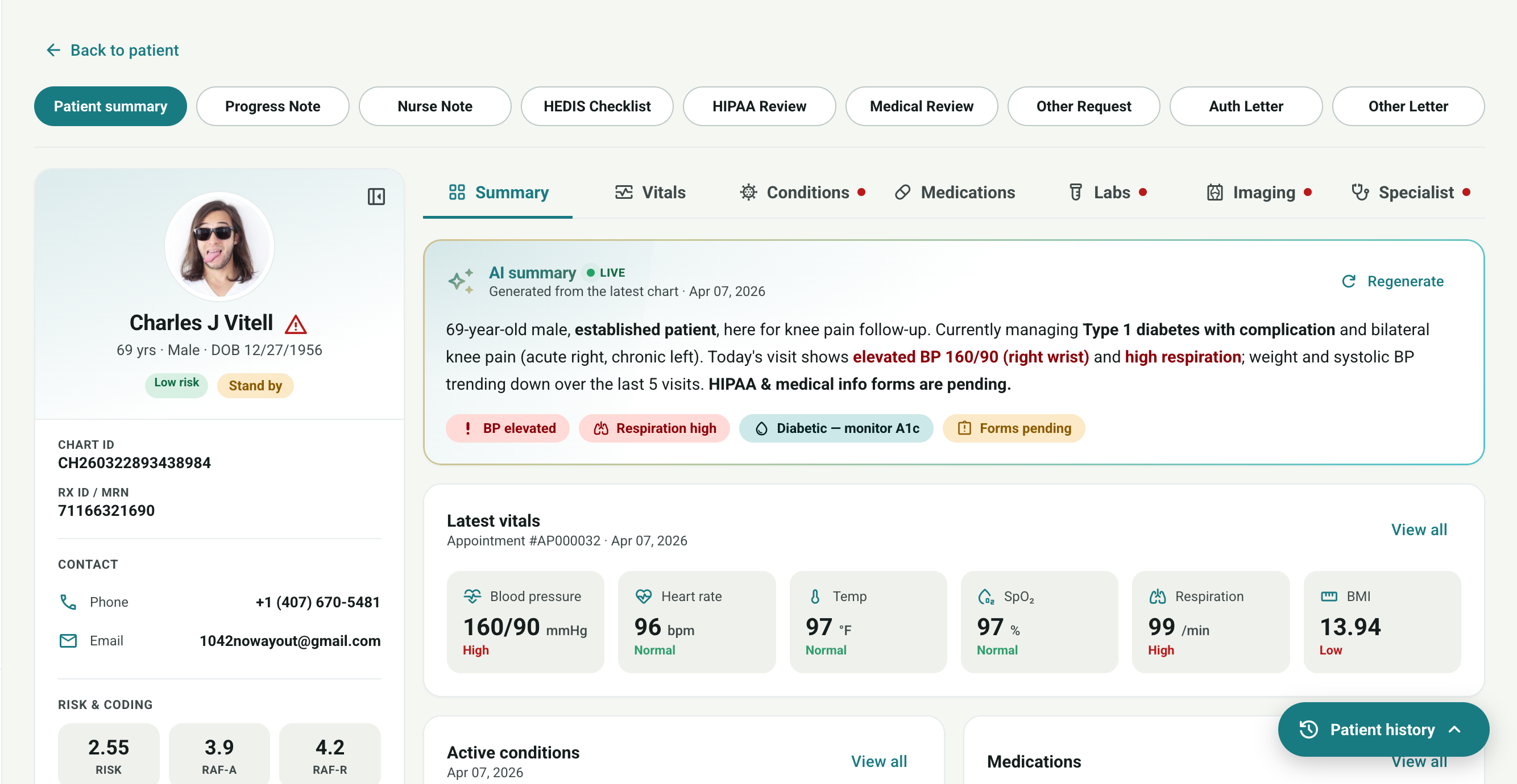Zura360 patient summary — AI summary, latest vitals, active conditions and risk & coding in one view