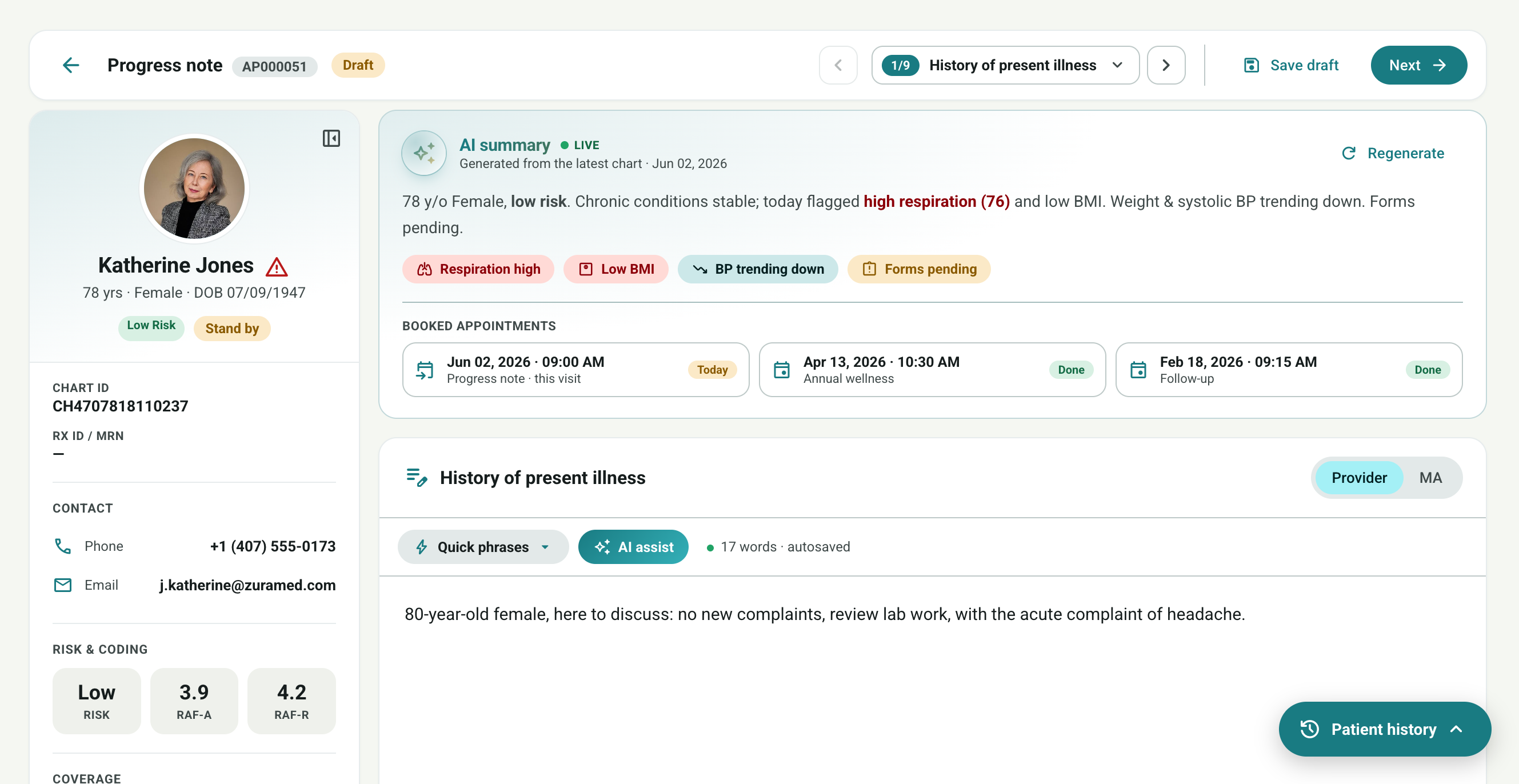 Zura360 patient summary — AI summary, latest vitals, active conditions and risk & coding in one view