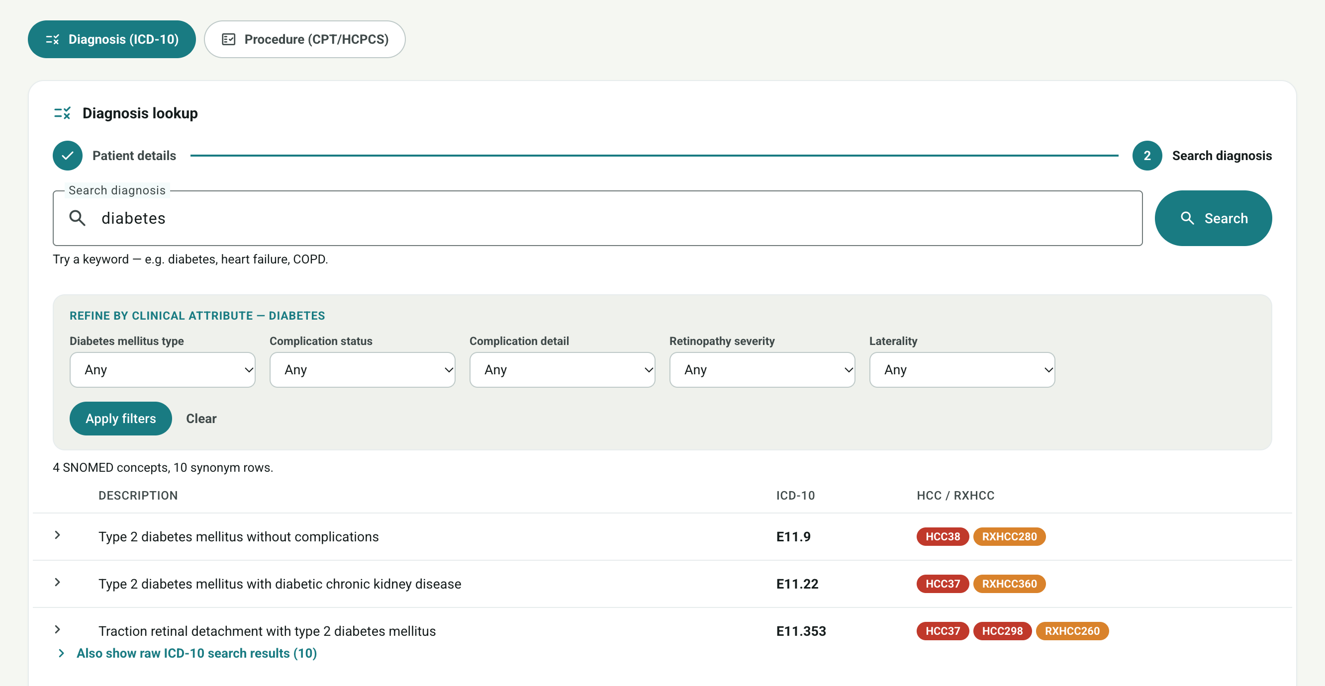 ZuraCurodex diagnosis lookup — SNOMED concepts mapped to ICD-10 and HCC/RxHCC codes