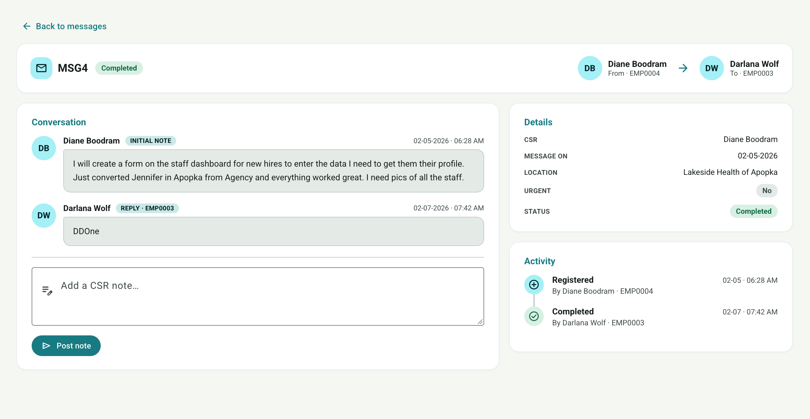ZuraEngage secure messaging thread with conversation history, details and activity log