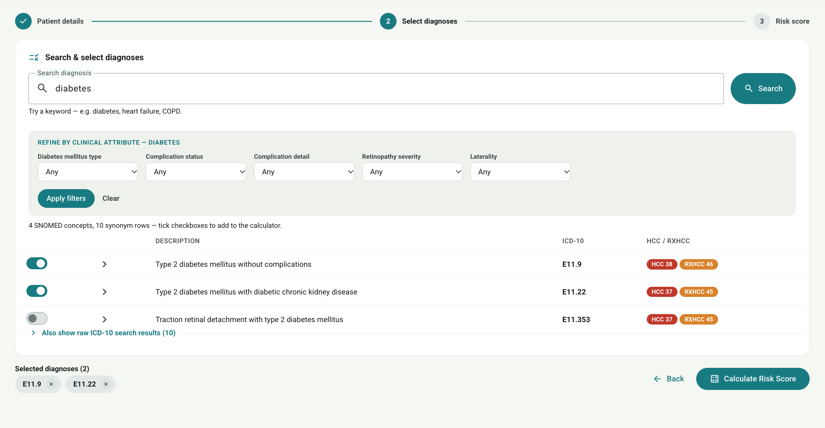 ZuraInsight diagnosis search with HCC and RxHCC code mapping