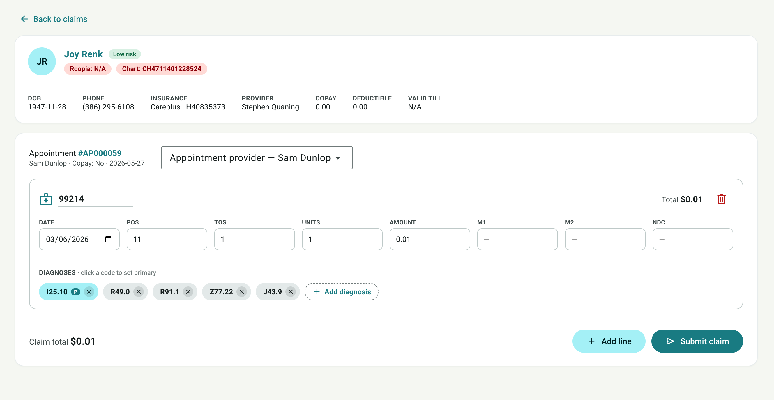 ZuraRCM claim editor — appointment, diagnoses and charge lines ready to submit