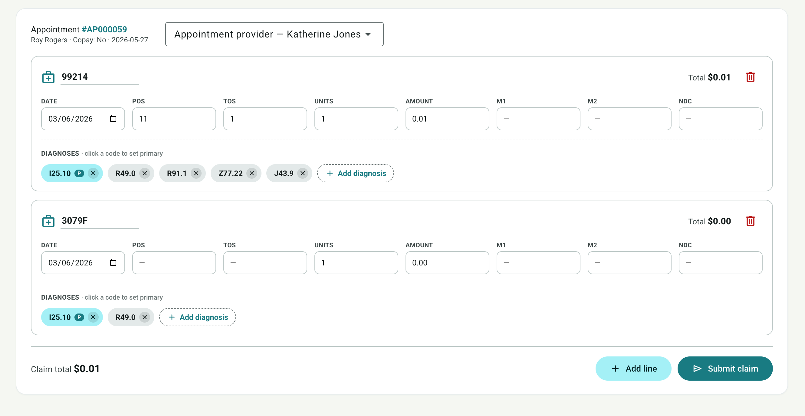 ZuraRCM claim editor — appointment, diagnoses and charge lines ready to submit