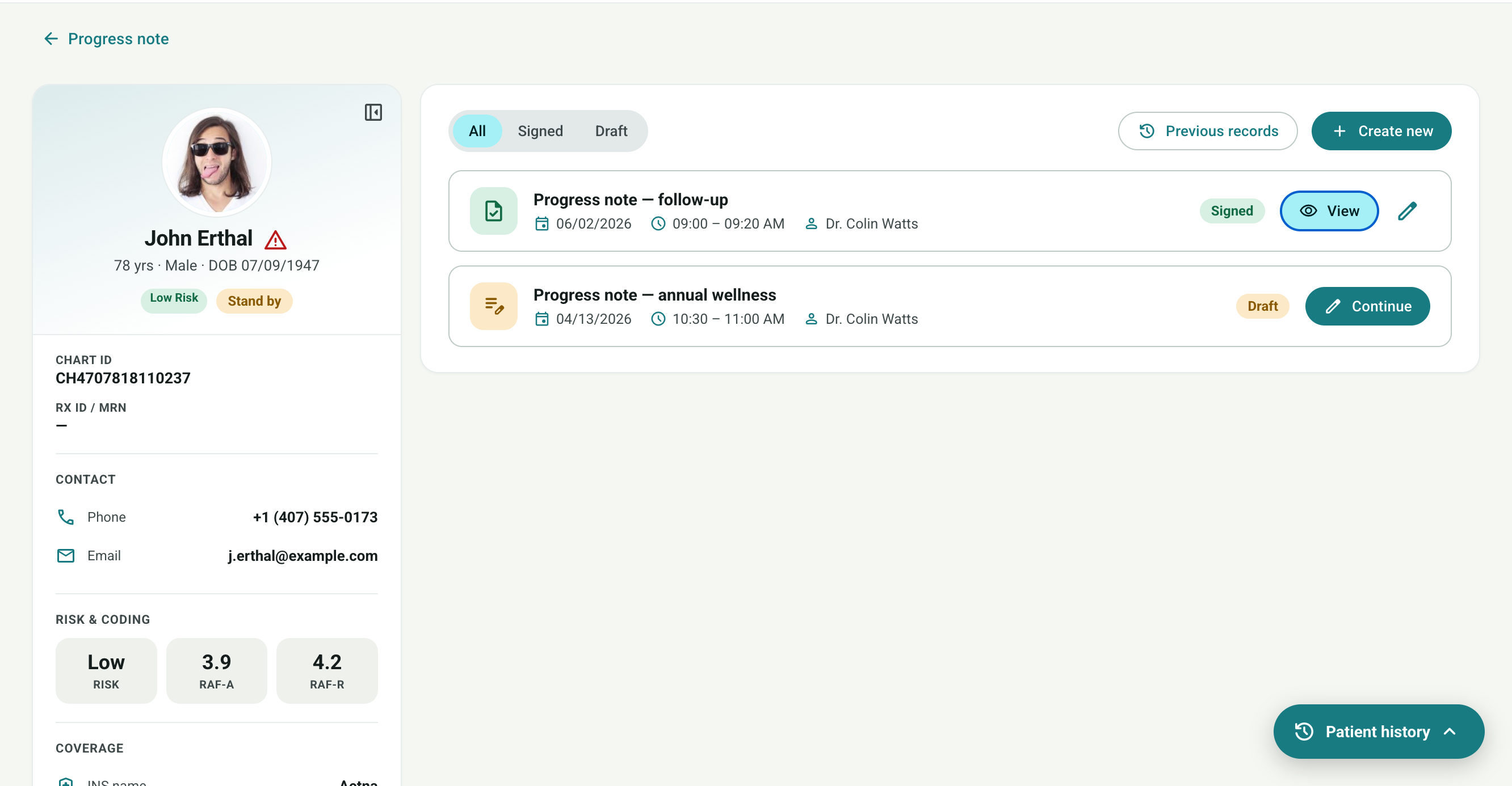 ZuraSOAP progress note list — signed and draft notes with patient chart alongside