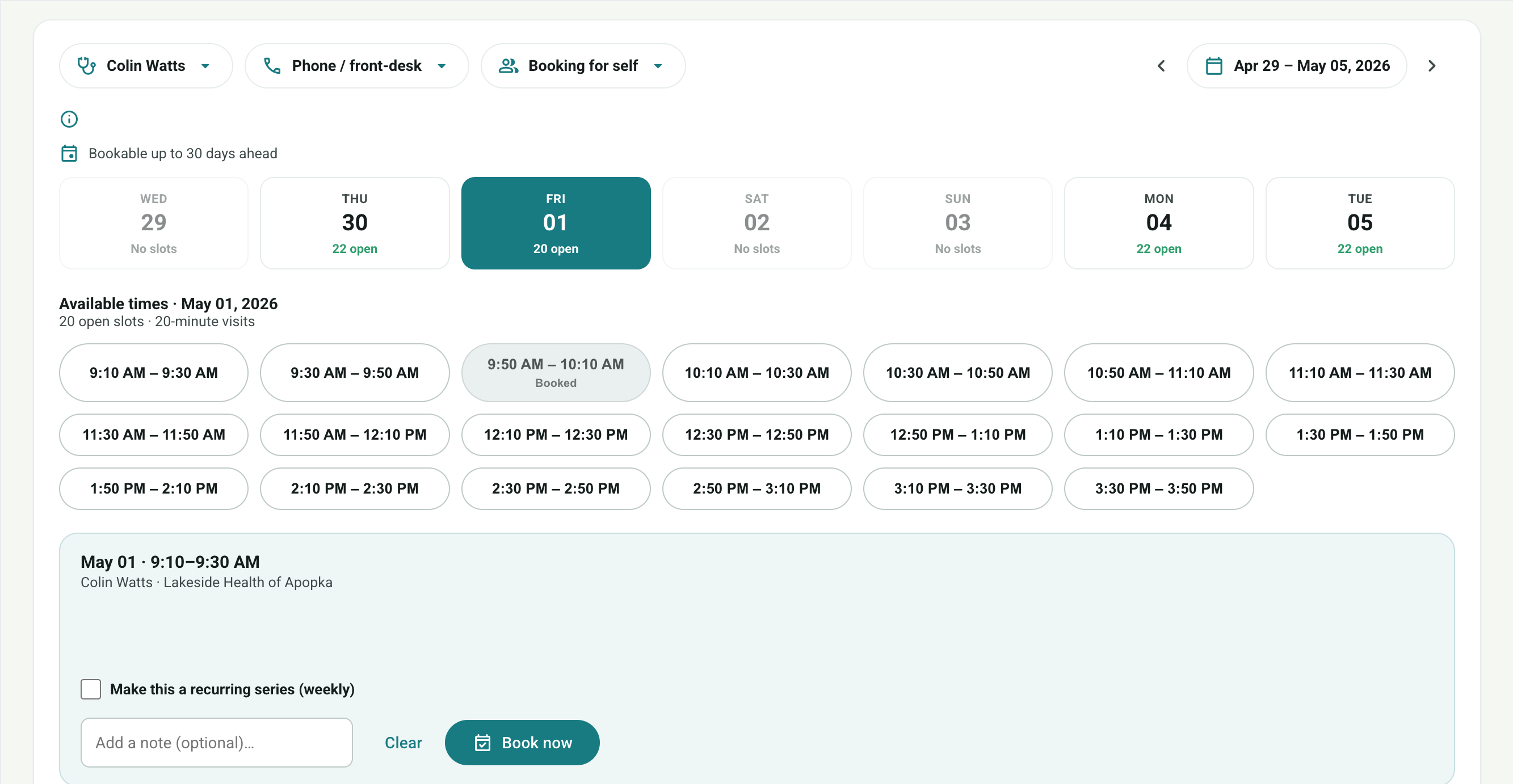 ZuraScheduler booking calendar — open slots by day, ready to book