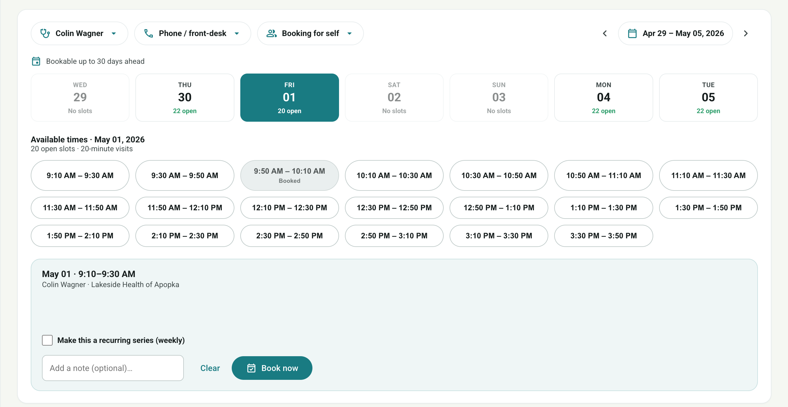 ZuraScheduler booking calendar — open slots by day, ready to book